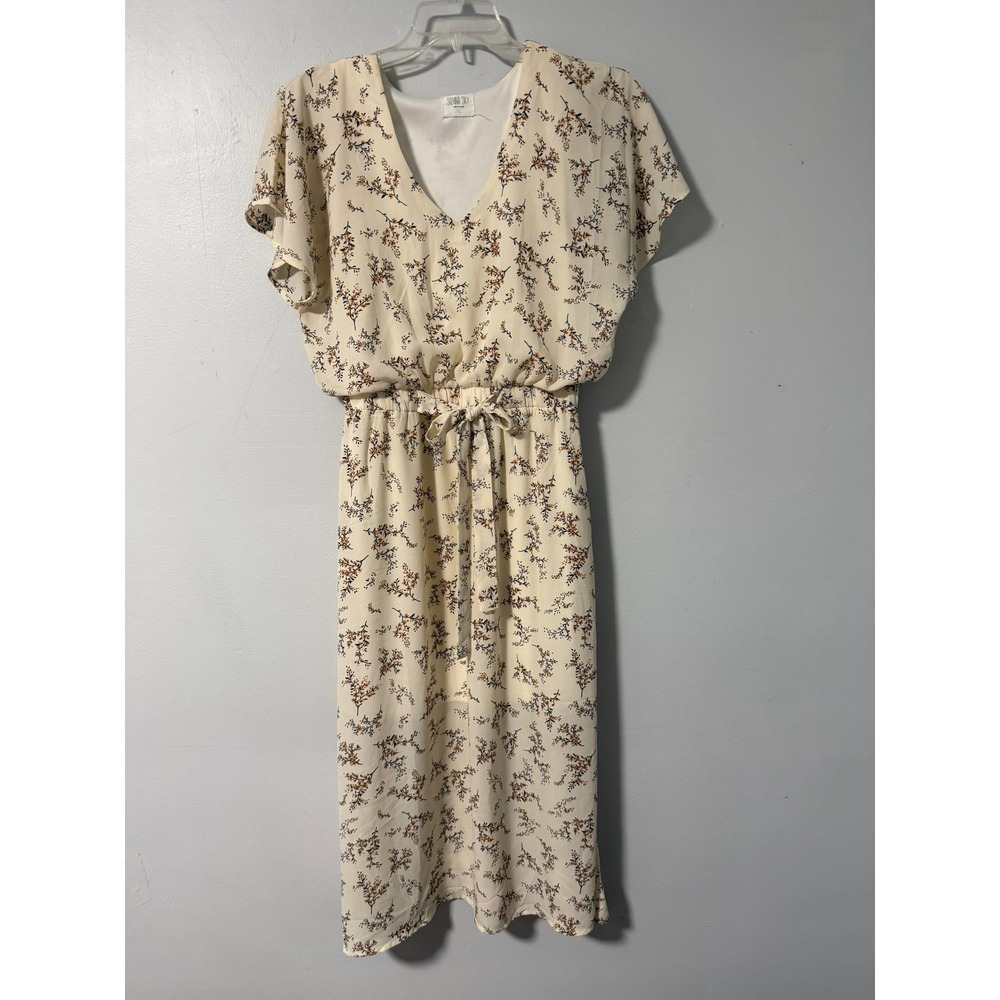 Sienna Sky Women's Cream Floral Flutter Sleeve Tie Waist Midi Dress L Flowy